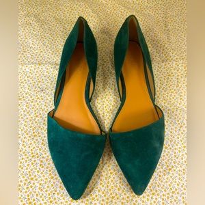 J Crew Dark Green Suede Pointed Flats, size 8